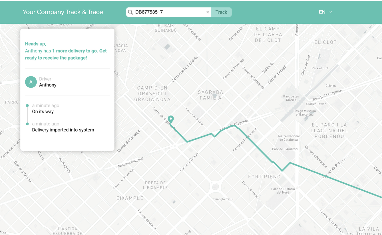 Get real-time tracking of your deliveries and keep your customers perfectly up to date with a branded track and trace.